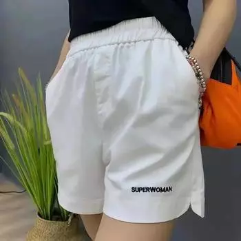 Большие размеры женские толстые мм свободные утягивающие широкие брюки летом новые спортивные шорты с высокой талией и вышитыми буквами M белый