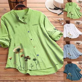 Большие размеры Женские топы с длинным рукавом и круглым вырезом на пуговицах с цветочным принтом Блузки Женские повседневные свободные футболки