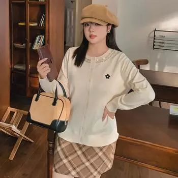 Большие размеры женские топы с круглым вырезом и бисером осенний повседневный вязаный кардиган женская куртка XL чёрный