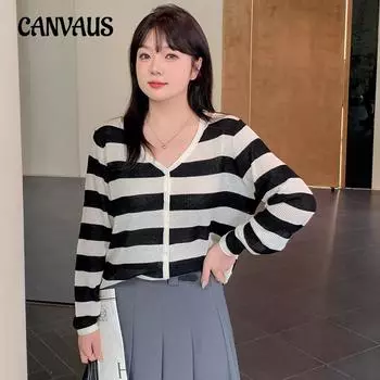 Большие размеры женские топы с V-образным вырезом без бретелек с длинным рукавом ранняя осень полосатый вязаный кардиган XL чёрный