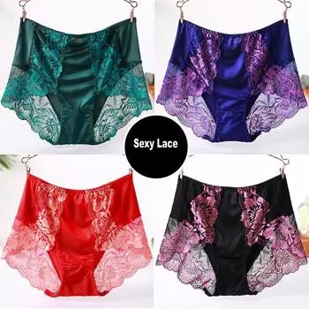 Большие размеры, женские трусики с цветочной вышивкой и высокой талией, женские сексуальные кружевные трусы, хлопковые мягкие гладкие трусы с промежностью cotton XL(45-60kg) темно-зеленого