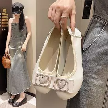 Большие размеры женские туфли-лодочки балетки туфли на низком каблуке туфли с круглым носком босиком женские белые туфли без застежек на плоской подошве мокасины летние банты 35 бежевый