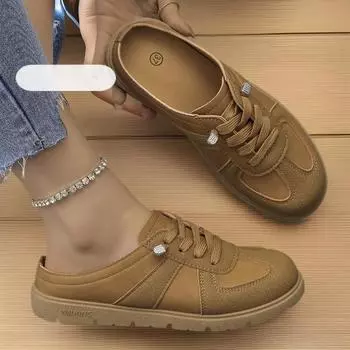 Большие размеры, женские туфли на одной педали, со шнуровкой и полуторослойным плетением, весна и осень 2025 г., легкие, простые и универсальные, женские тапочки-мешки 36 хаки