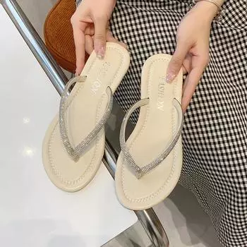 Большие размеры, женские весенне-летние туфли на плоской подошве со стразами, зеленые, черные, плоские шлепанцы, флип-флопы 35 бежевый