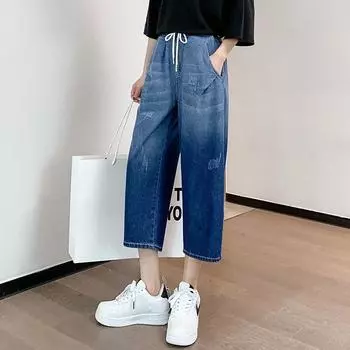 Большие размеры, женские весенне-летние женские повседневные свободные повседневные джинсовые укороченные брюки, прямые широкие брюки M