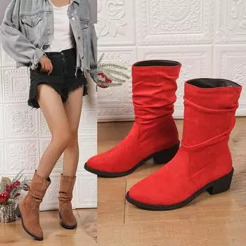 Большие размеры, женские зимние ботинки 2024 года, осень-зима, новые европейские и американские импортные ботинки с круглым носком и толстым каблуком, закрывающие среднюю часть стопы 35 небесно-голубой