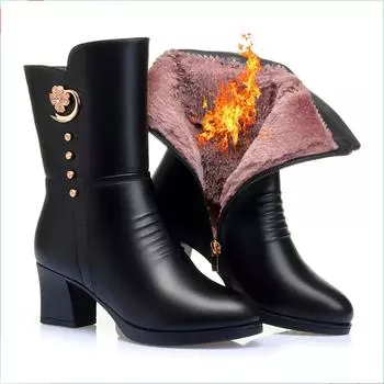 Большие размеры женские зимние сапоги модные ботильоны из искусственной кожи с острым носком на высоком каблуке для отдыха на открытом воздухе с нескользящей резиновой подошвой плюшевые теплые высокие каблуки 35