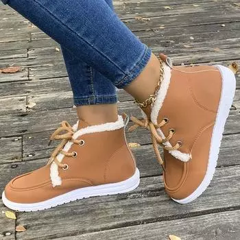 Большие размеры женские зимние сапоги осень и зима новые европейские и американские сапоги с круглым носком и плоским каблуком кружевные и бархатные хлопковые сапоги женские 36 чёрный