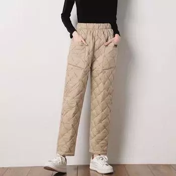 Большие размеры женские зимние утолщенные свободные шаровары женские повседневные карманные теплые хлопковые брюки женские прямые брюки с высокой талией для женщин L синий