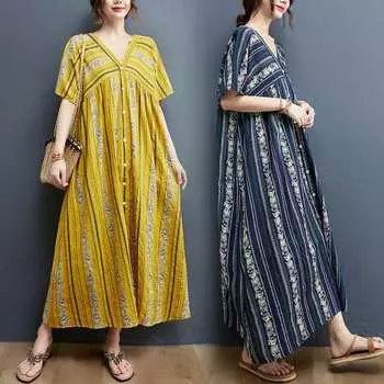 Большие размеры Женское ретро-платье средней длины с принтом Художественное платье Свободные длинные повседневные платья с V-образным вырезом one size белый