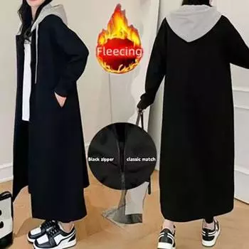 Большие размеры Женское зимнее толстое повседневное пальто с капюшоном на молнии черного цвета в стиле пэчворк из двух частей с капюшоном в корейском стиле 4XL