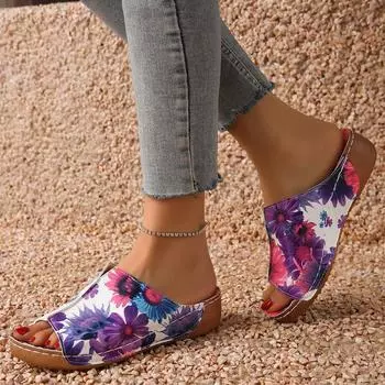 Большие размеры женской обуви одно слово новые круглые повседневные цветы толстые подошвы рыбий рот наклонный каблук носить классные тапочки женские 36