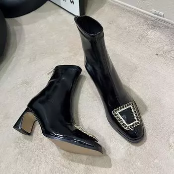 Большие размеры женской обуви со стразами, квадратной пряжкой, квадратной головкой, толстым каблуком, женские осенне-зимние тонкие короткие сапоги, эластичные сапоги средней высоты 34