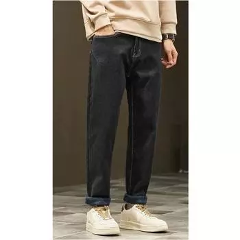 Большие размеры зимние мужские флисовые джинсы длинные брюки толстые свободные вышитые винтажные повседневные с высокой талией базовые эластичные модные брюки 28 синий
