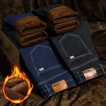 Большие размеры зимние мужские теплые джинсы классический стиль деловой флис толстые эластичные джинсовые брюки мужские брендовые черные синие 31 чёрный