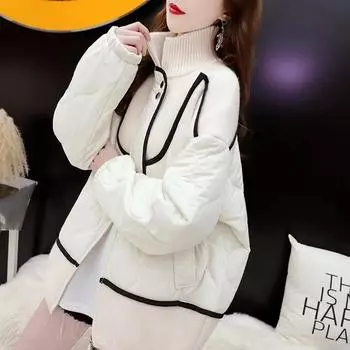 Большие размеры Зимние женские свитера большого размера Водолазка Пэчворк Ватиновое пальто Пуловер Вязаная куртка Свободный свитер One Size белый