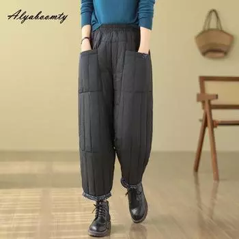 Большие размеры зимние женские утепленные шаровары с высокой талией однотонные свободные брюки абрикосово-черного цвета повседневные осенние универсальные брюки M чёрный