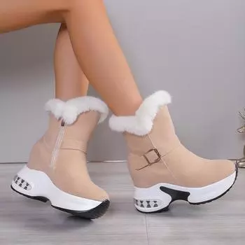 Большие размеры зимних сапог для женщин, осенне-зимние, новые европейские и американские зимние сапоги из утолщенного бархата средней высоты, теплые зимние сапоги из хлопка для женщин 35 чёрный