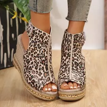 Большие сандалии 2024 года, новые босоножки с открытым носком, леопардовым принтом, соломенная пеньковая веревка, покатый каблук, толстая подошва, рыбий рот 36 цветной печати леопарда
