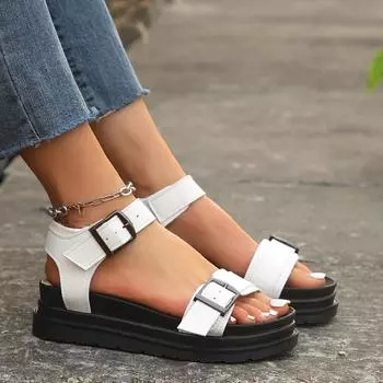 Большие сандалии, новые, однотонные, толстая подошва, однотонный ремень с пряжкой в виде рыбьего рта, пляжные сандалии для женщин 35 белый