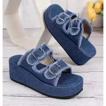 Большие сандалии с пряжкой на ремне из джинсовой ткани и жатым ремнем для женщин, которые носят тапочки на толстой подошве снаружи 35 синий