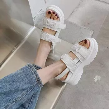 Большие сандалии женские 2024 летние новые туфли-маффины на толстой подошве интернет-знаменитости спортивная пляжная повседневная женская обувь 35 белый