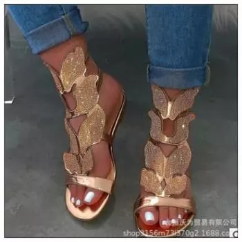 Большие сандалии женские 2024 новые летние однотонные сандалии с бабочкой и стразами женские 35 чёрный