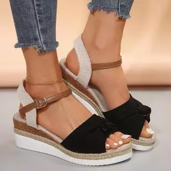 Большие сандалии женские летние 2024 года, новые однотонные босоножки с пеньковой веревкой на танкетке, босоножки на платформе и высоком каблуке 36 чёрный