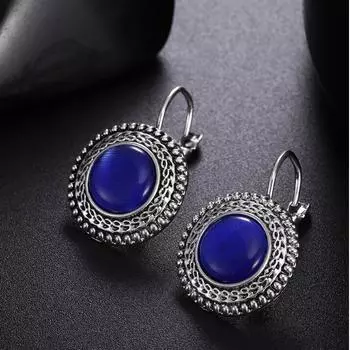 Большие серьги-капли для женщин, винтажные висячие серьги, синие, черные, круглые серьги с камнями фиолетовый