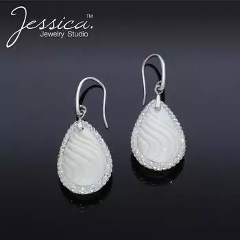 Большие серьги-крючки в форме зубчатой груши из чистого серебра 925 пробы со смолой и кристаллами