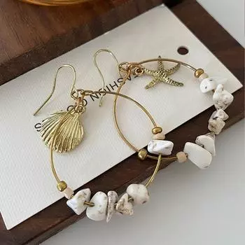 Большие серьги ручной работы из натурального камня с ракушкой, морской звездой, асимметричным дизайном, модные ретро-богемные серьги