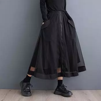 Большие сетчатые винтажные эластичные юбки с высокой талией весна-лето-осень повседневные свободные длинные женские юбки 2024 юбка одежда One Size чёрный