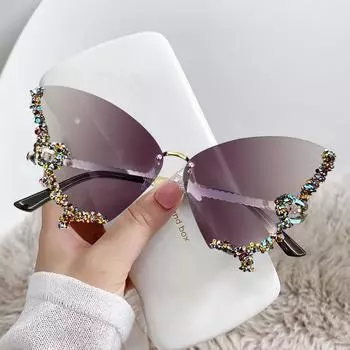 Большие солнцезащитные очки без оправы, блестящие винтажные модные солнцезащитные очки с бриллиантами и бабочкой, женские очки Gafas De Sol