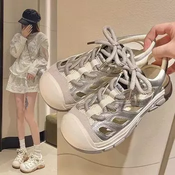 Большие спортивные сандалии для женщин, летние, ажурные, универсальные, сетчатые, дышащие, нескользящие, повседневные, Pops, обувь, новый дизайн, роскошная женская обувь 35 серебряный