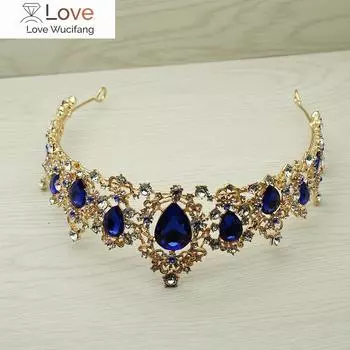 Большие старинные золотые женские аксессуары для волос со стразами пышная свадебная диадема королевский синий кристалл тиара и корона повязка на голову для свадьбы