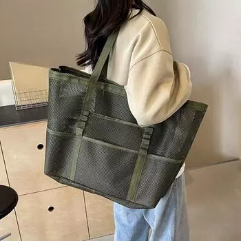 Большие сумки-тоут для женщин из сетчатой ткани с несколькими карманами, вместительные, для шоппинга, пляжные сумки на лето 52x36x19cm бежевый