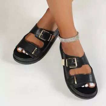 Большие тапочки с плоской подошвой и пряжкой для женщин, летняя новая модная верхняя одежда 2024 года, пляжные сандалии с одним персонажем для женщин 36 чёрный