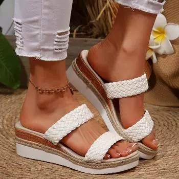 Большие тапочки с покатым каблуком для женской верхней одежды, весна-лето 2025, новые круглые плетеные однотонные тапочки с толстой подошвой 36 чёрный