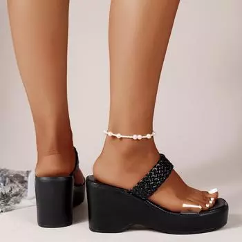 Большие тапочки с широкими полосками на наклонном каблуке, женские, с толстой подошвой, с высоким каблуком и плетеным ремнем, пляжные сандалии, тапочки 36 чёрный