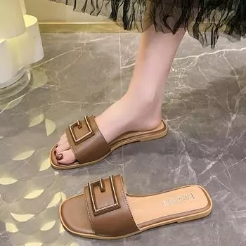 Большие тапочки женские летние 2024 новые модные классные тапочки с квадратной пряжкой в форме рыбьего рта на низком каблуке с одним словом 35 жёлтый