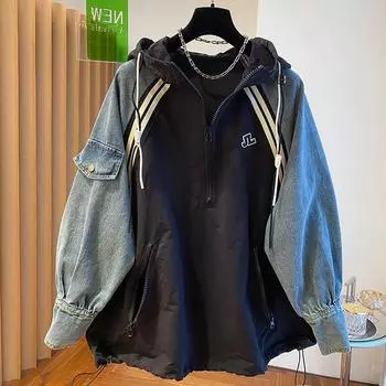 Большие толстовки для женщин, лоскутное деним, уличная одежда, топы 2000 года с капюшоном, контрастные цвета, винтажные толстовки M чёрный