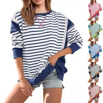 Большие толстовки для женщин свободного кроя с круглым вырезом в полоску с цветными блоками и длинными рукавами L чёрный