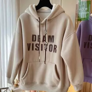 Большие толстовки с капюшоном для женщин, осень-зима, модные плюшевые куртки с капюшоном, толстовка с капюшоном и принтом в виде букв, дизайн кармана-кенгуру, пальто Y2k M бежевый