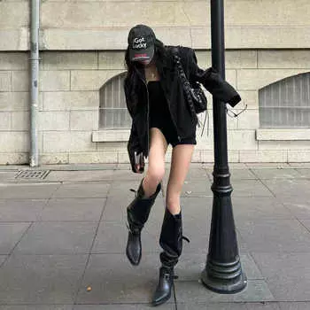 Большие трубчатые сапоги с толстым каблуком, женские сапоги до колена, осенние сапоги 2024 года с пряжкой на ремне, модные сапоги в стиле вестерн 35 чёрный