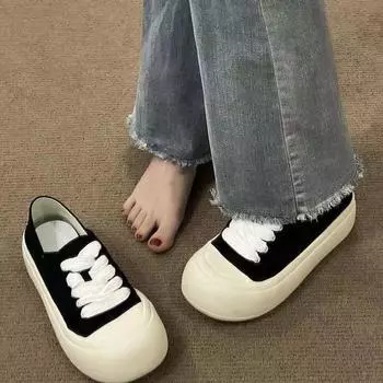 Большие туфли на каблуках женские шикарные туфли универсальные 2024 новые двухкомпонентные парусиновые туфли на платформе повседневные универсальные белые туфли 35 чёрный