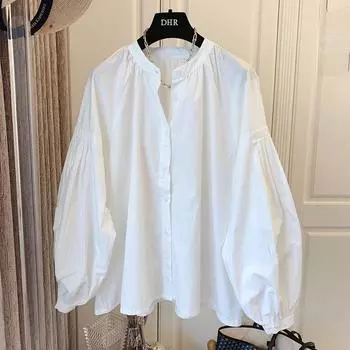 Большие винтажные блузки с рукавами-фонариками, однотонные кардиганы на пуговицах, весенние повседневные свободные французские элегантные универсальные женские топы XXL белый