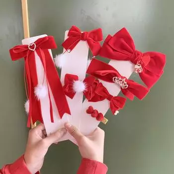 Большие заколки-банты для волос Детские головные уборы Новогодние заколки для волос Красные бархатные заколки-банты для волос 06