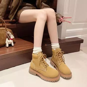 Большие желтые ботинки на толстой подошве женские зимние ботинки 2024 года в британском стиле в стиле ретро, короткие ботинки на толстой подошве, универсальная повседневная обувь 35 верблюд