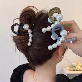 Большие жемчужные зажимы-коготь для густых волос на свадьбу, нескользящие зажимы для укладки волос бежевый