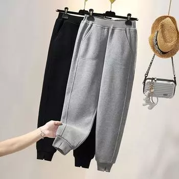 Большие женские брюки, весна 2024, новые повседневные плюшевые утепленные леггинсы, спортивные прямые повседневные брюки 4XL
